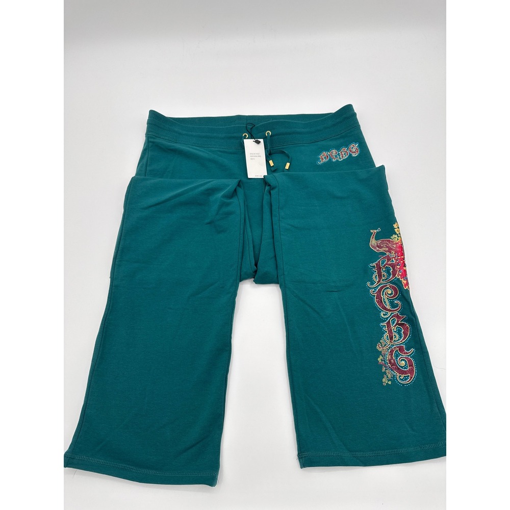BCBG Shrub Green Peacock Graphic Rhinestone Sweatpants BC13742-P Womens XL New